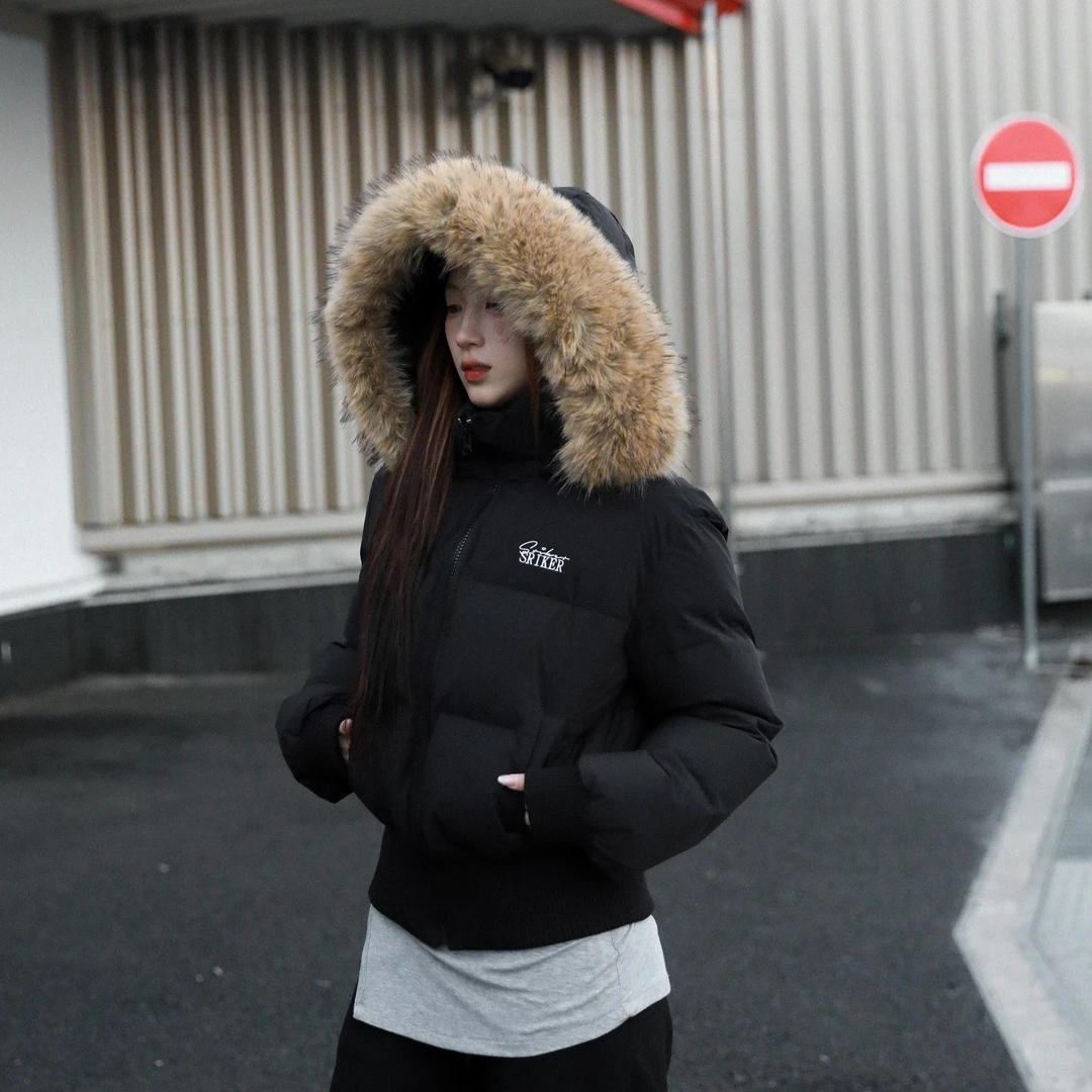 「甜酷机车」冬季保暖短款大连帽棉服收腰显瘦高级感大毛领棉衣女