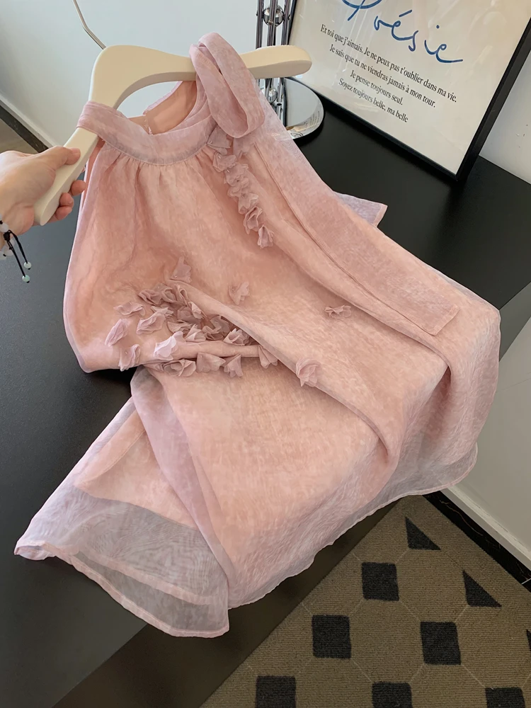 夏日独特绝美漂亮小吊带背心女外穿蝴蝶结多巴胺无袖挂脖粉色上衣