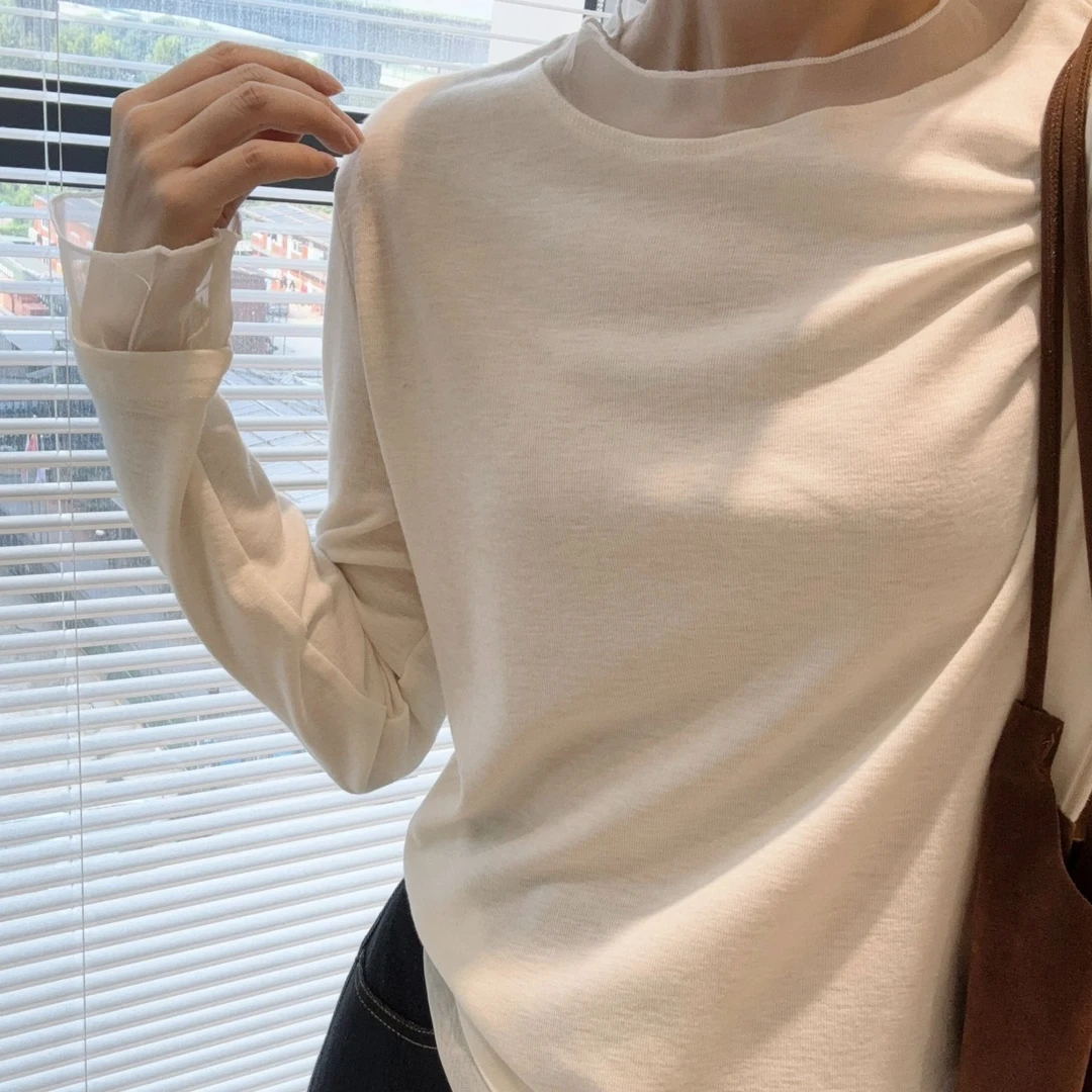 蕾丝拼接打底衫长袖t恤秋季新款内搭显瘦修身百搭女装上衣6075