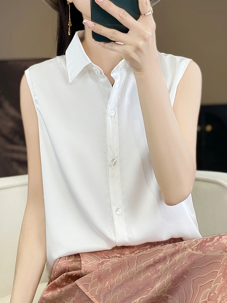 法式温柔风白色缎面POLO领无袖衬衫女夏季百搭休闲气质衬衣