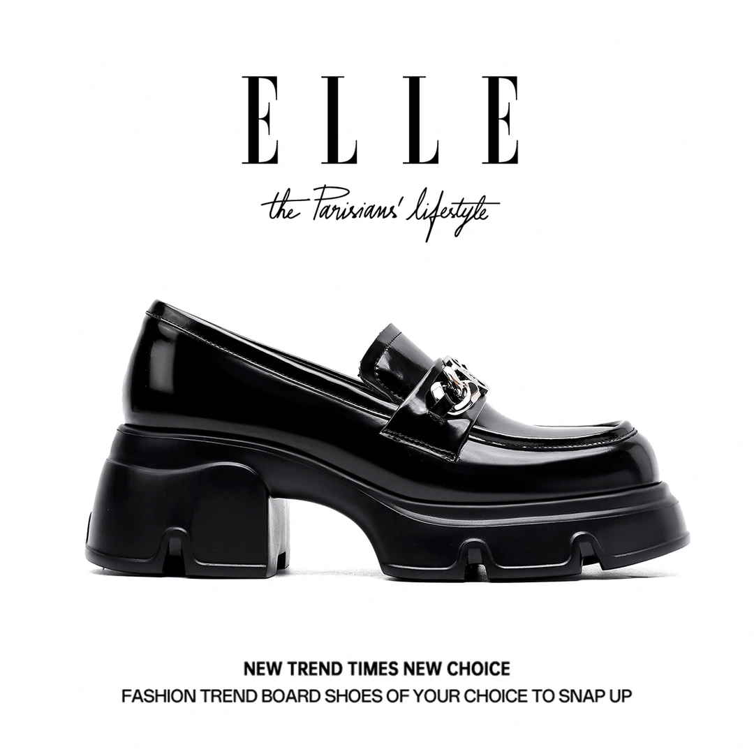 ELLE商场同款真皮厚底乐福鞋女增高圆头朋克金属扣粗跟黑色小皮鞋