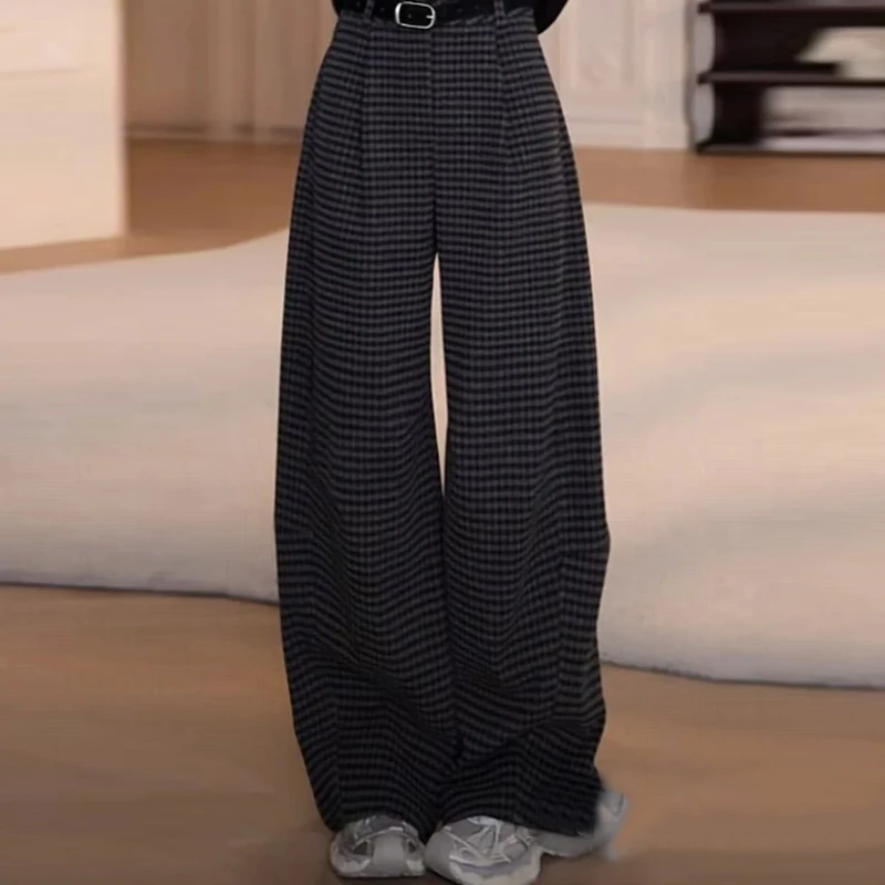 2025秋冬高腰黑格子休闲裤卫裤长裤设计感韩版女士潮流百搭