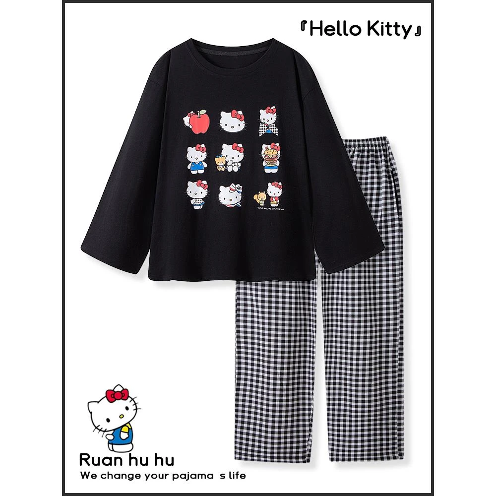 套头女生睡衣纯棉长袖长裤春秋2025新款黑色可爱HelloKitty家居服