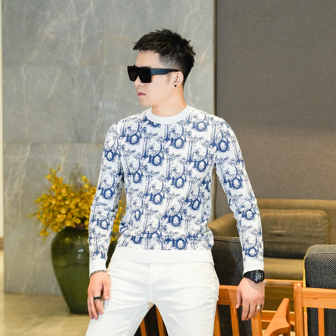 2025秋冬新品针织衫毛衣男款蓝白字母花色圆领长袖打底衫男GL3818