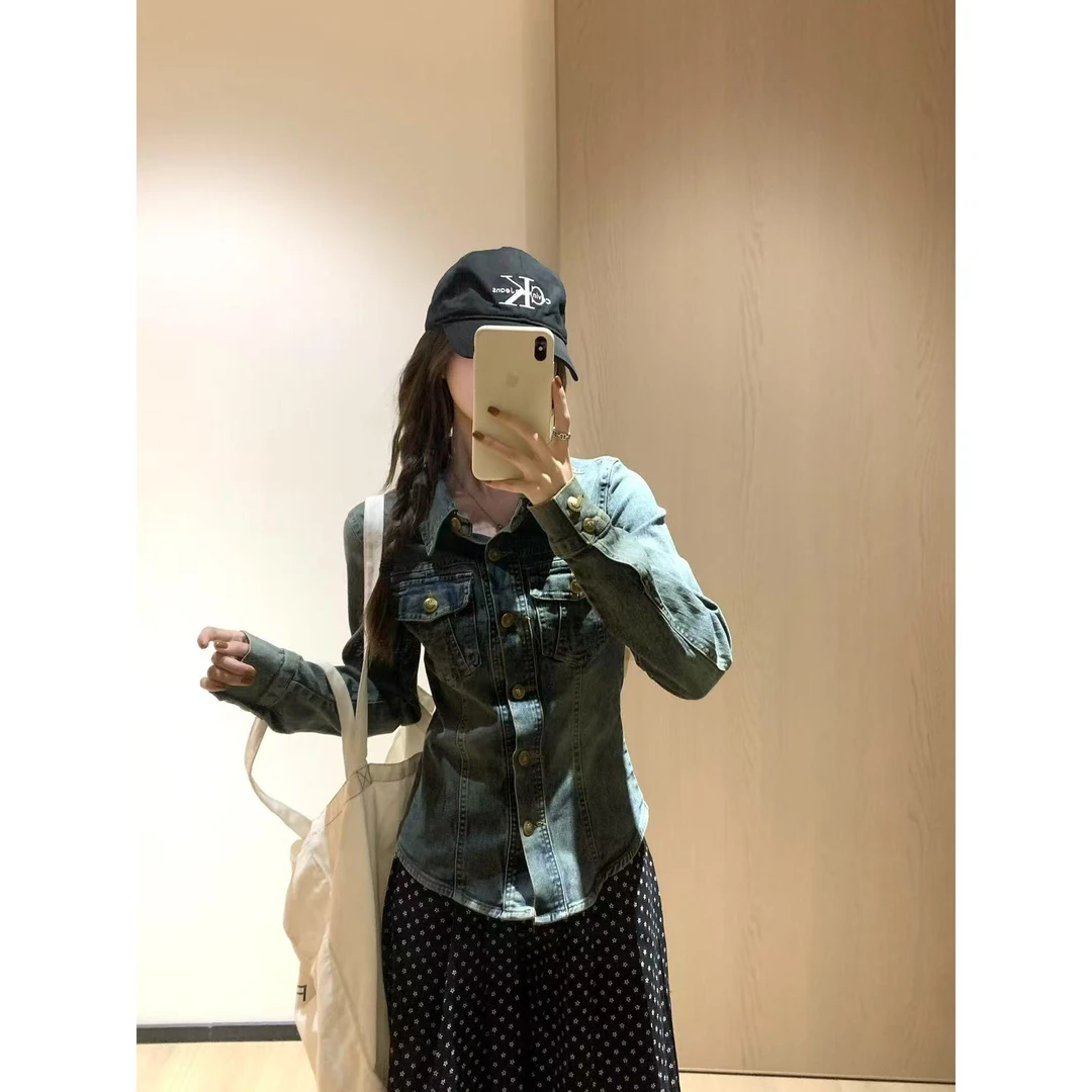 韩11怀旧蓝复古翻领牛仔外套女2025春季修身显瘦百搭短款夹克上衣