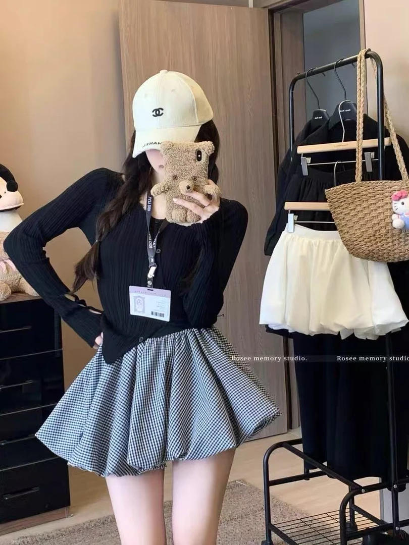 辣妹格子松紧花苞裙女夏季高腰显瘦半身裙A字百搭俏皮蓬蓬短裙子