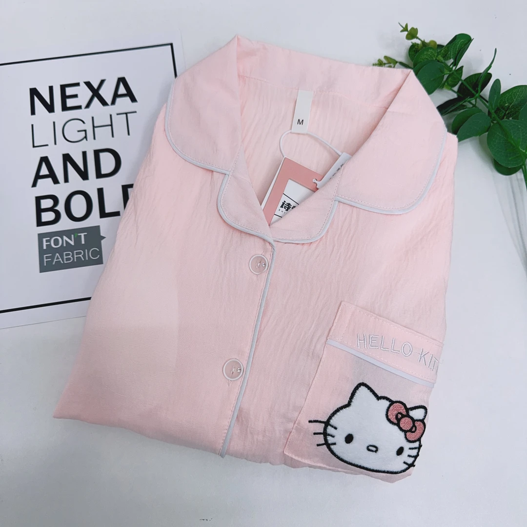 050#【云朵棉短袖短裤+长裤带胸垫】夏款粉色KT猫三件套睡衣家居服