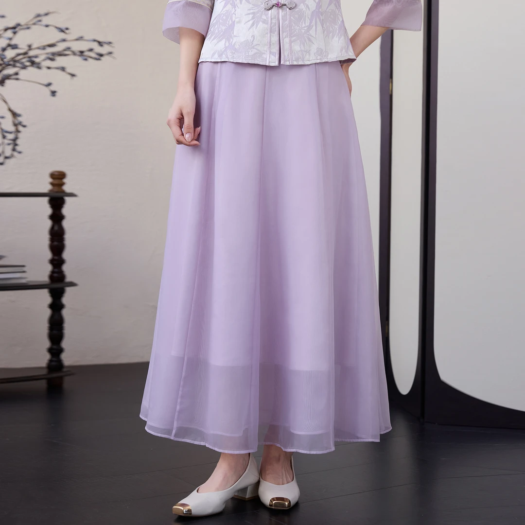 H108新中式改良国风汉服新款裙子夏季紫色复古时尚气质百搭半身裙
