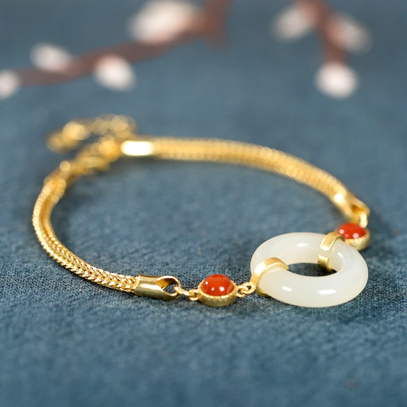 S925银和田玉手链女士玉环平安扣气质个性优雅手饰