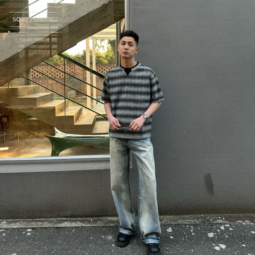 GP2 2025SS精致条纹针织纹理感假两件半袖上衣宽松设计感短袖T恤