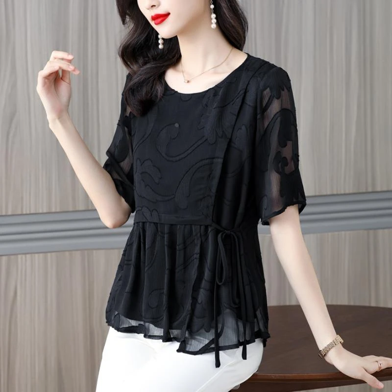大码黑色提花短袖雪纺衫女士衬衫夏季系带收腰显瘦宽松遮肚子上衣