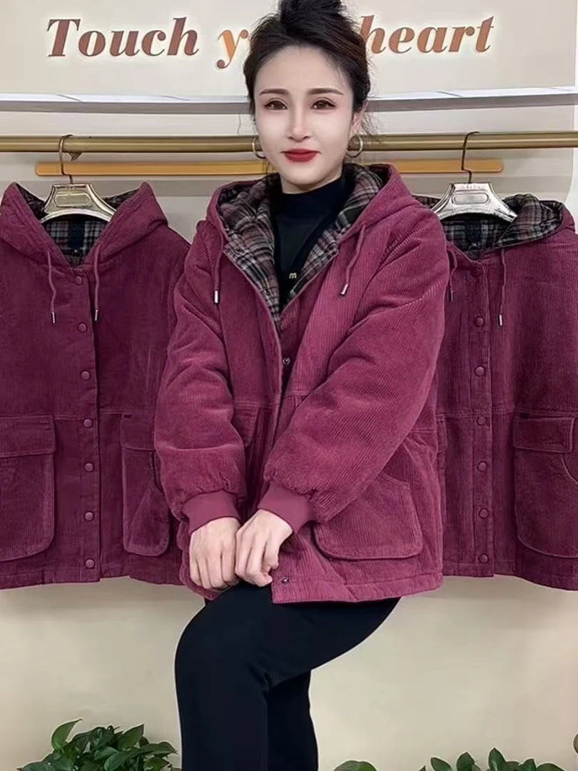 冬季新款拼接连帽中老年妈妈棉服加厚外套