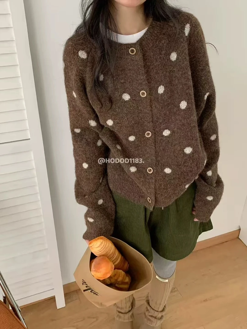 韩系波点圆领针织开衫女2025秋冬新款宽松百搭软糯慵懒风毛衣外套