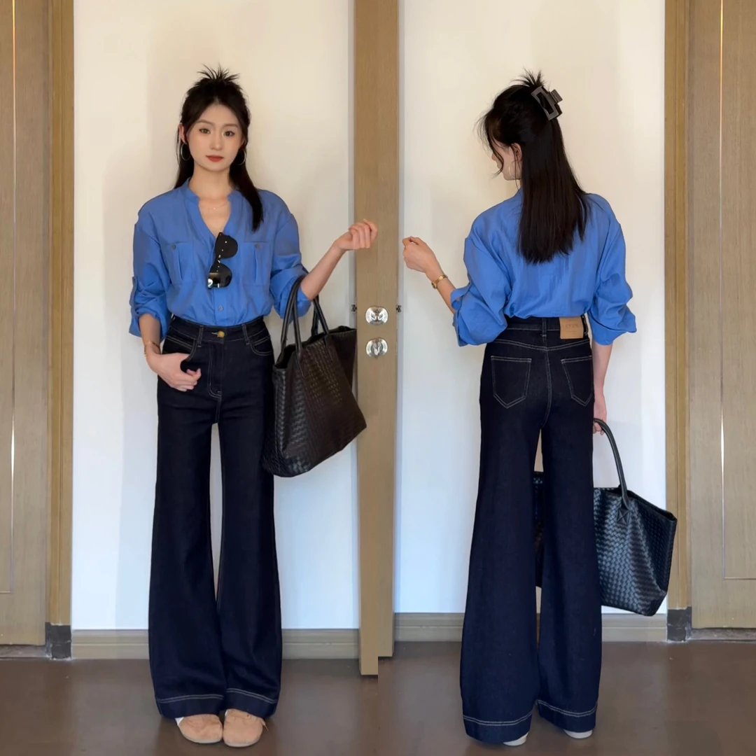 【KK私服】秋季美式原牛INS风蓝黑防掉色牛仔显瘦宽松不贴腿微喇裤