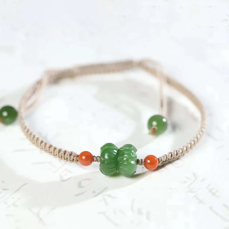 天然和田玉碧玉并蒂莲蓬手绳女款手编玉石手链简约素净活口可调