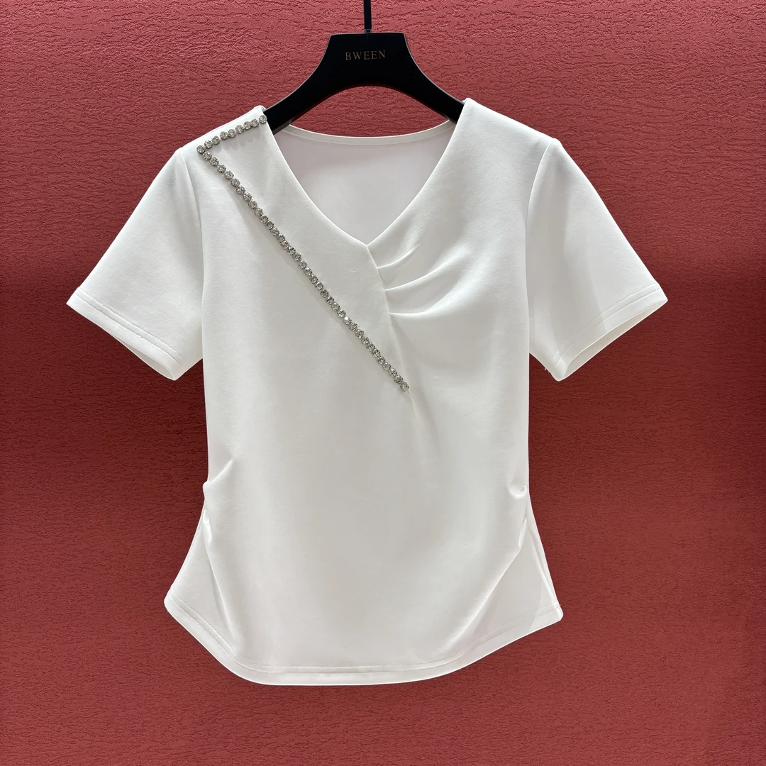 【钉钻7字型】25年夏季新款收腰捏折订钻气质女士显瘦短袖T恤