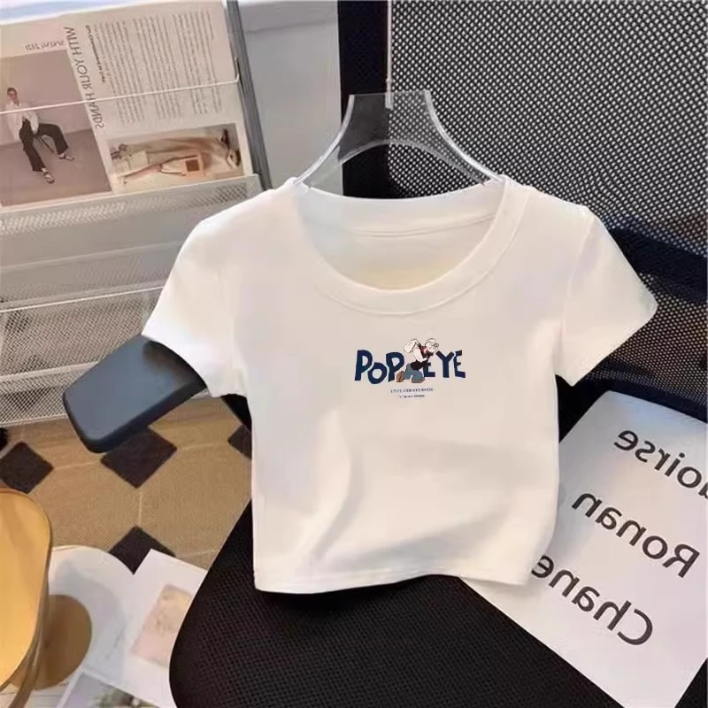 欧货白色正肩短袖t恤女夏新款辣妹圆领小衫修身短款上衣