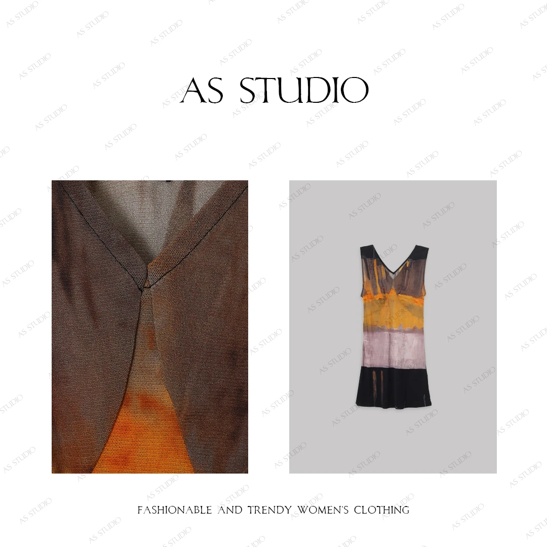 【AS落日】25新魅力氛围感晕染印花拼接网纱背心上衣AS25XSY4962