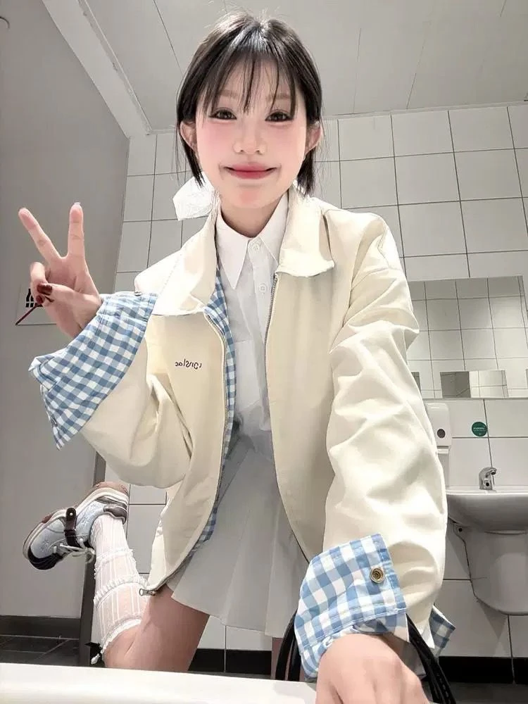 日系双面穿外套女春秋季2025新款小个子宽松短款翻领格子夹克上衣