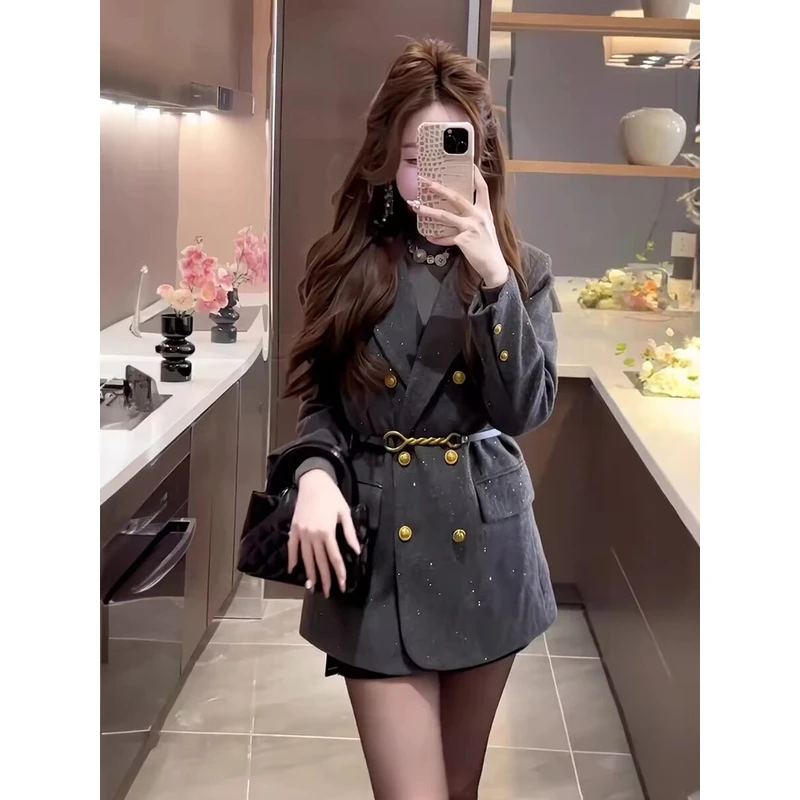 【送腰带】秋冬新品高级炸街气质收腰显瘦闪闪西装外套
