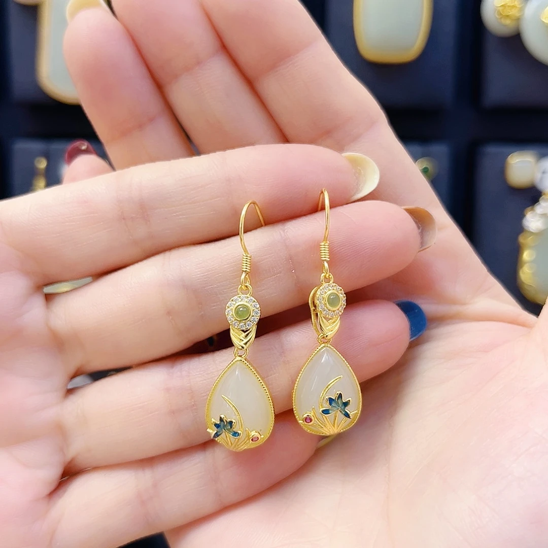 和田玉银S925镀金镶嵌耳饰