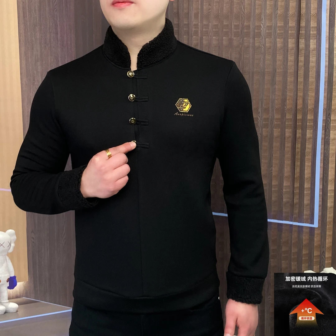 男士长袖休闲时尚新中式风盘扣卫衣立领秋冬加绒百CLY-130