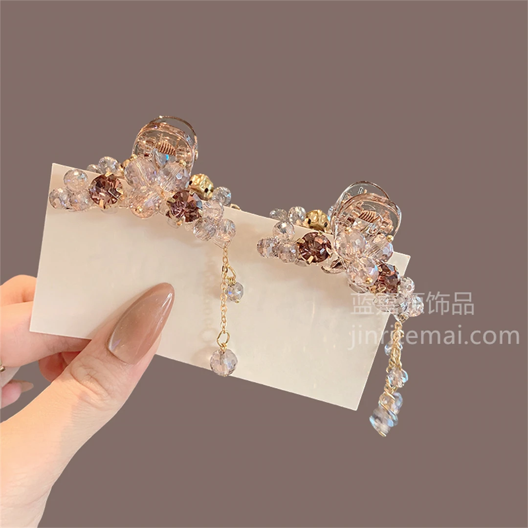 精致超闪流苏水晶吊坠小抓夹轻奢高级感紫色水钻鲨鱼夹侧边夹发夹