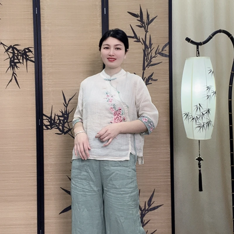 2506新中式国风复古绣花苎麻小衫