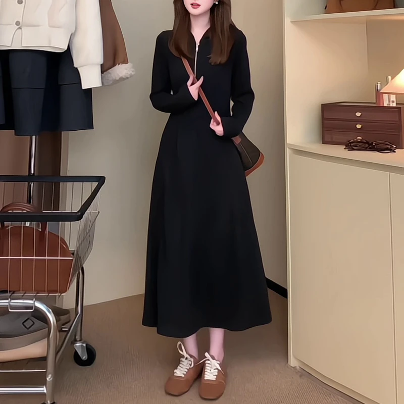 2025秋季新款高腰长裙温柔风时尚长袖连衣裙黑色复古气质显瘦长裙