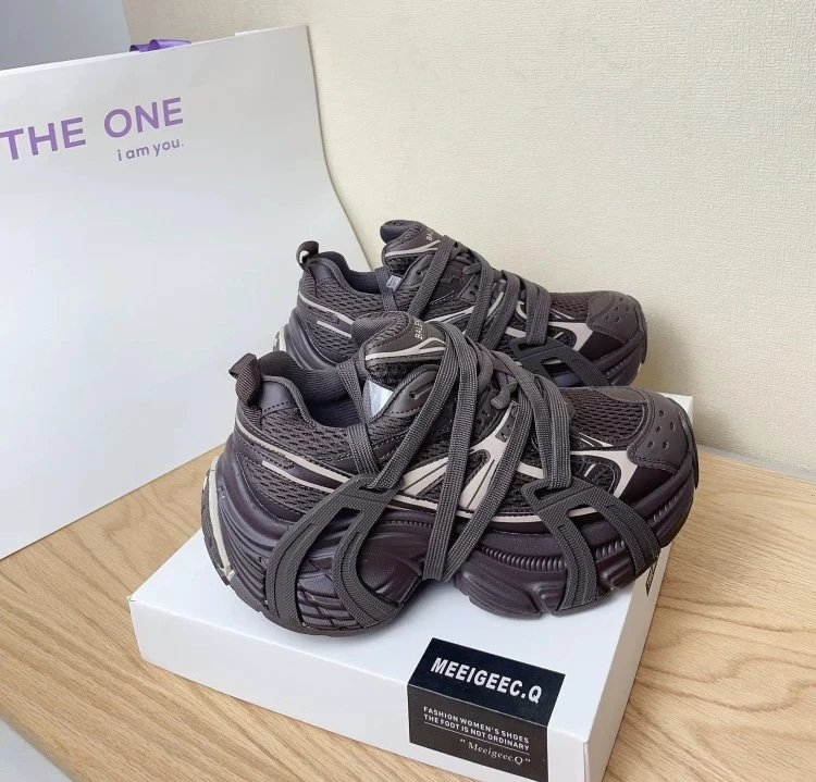 欧洲站炸街款老爹鞋女2025秋冬新款花式绑带厚底潮牌设计感休闲鞋