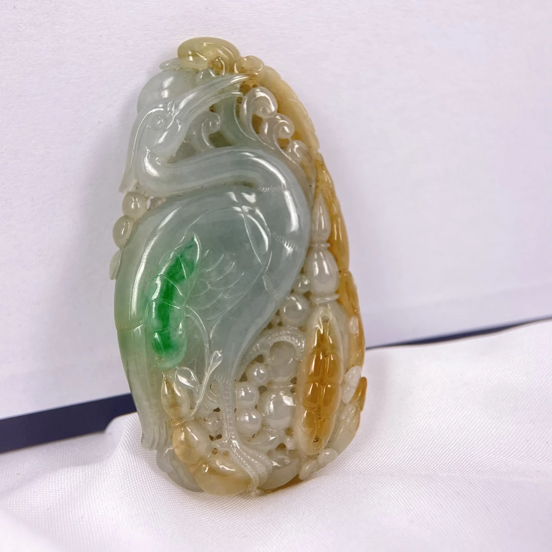 天然缅甸翡翠A货黄加绿三彩仙鹤连年有鱼特色挂件雕刻仿古精雕