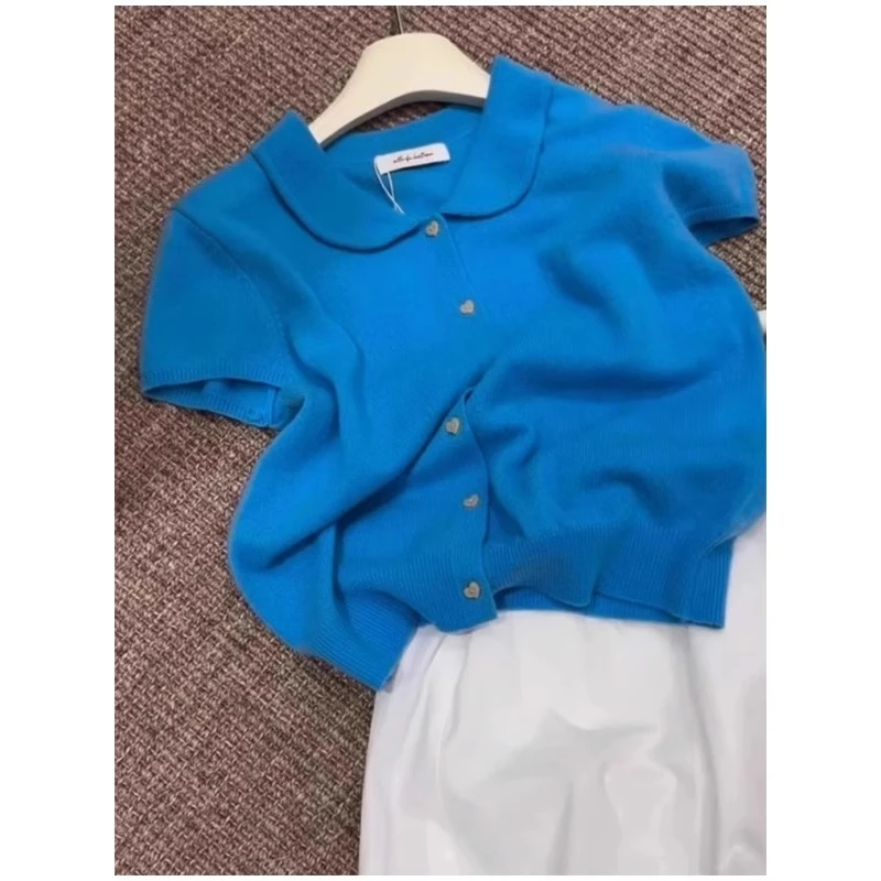 十三行高端欧货蓝色娃娃领百搭显瘦短袖t恤女夏季洋气减龄上衣