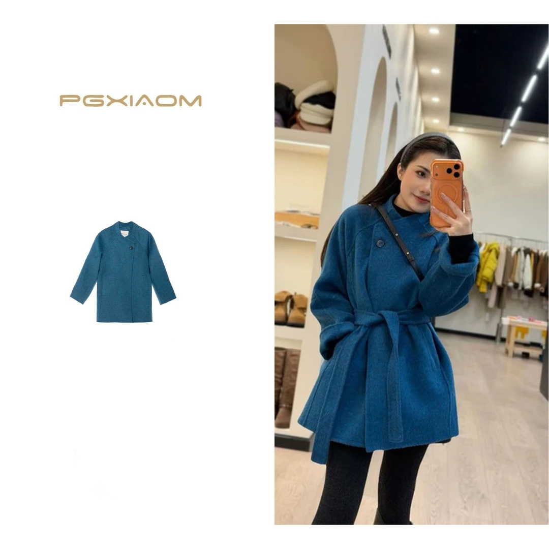 【PGXIAOM】润秀定制混蓝色立领中长款羊毛大衣DY4627