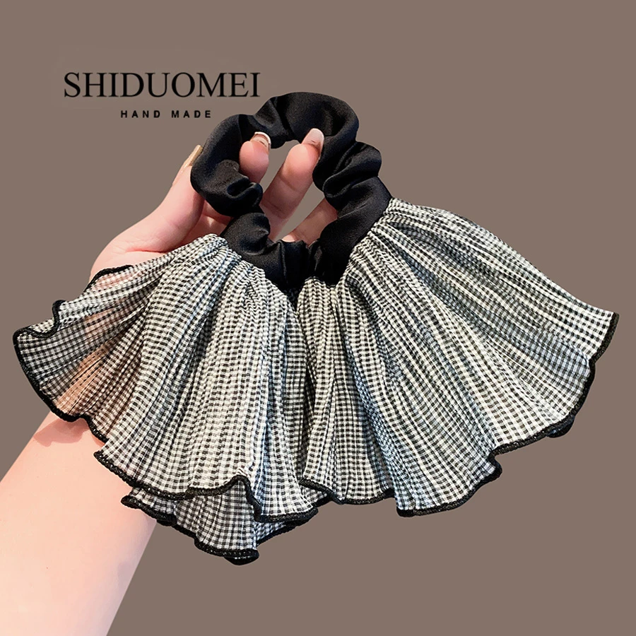 韩版简约黑白格纹大裙摆发圈女高级感丸子头发绳黑色耐用扎发头绳