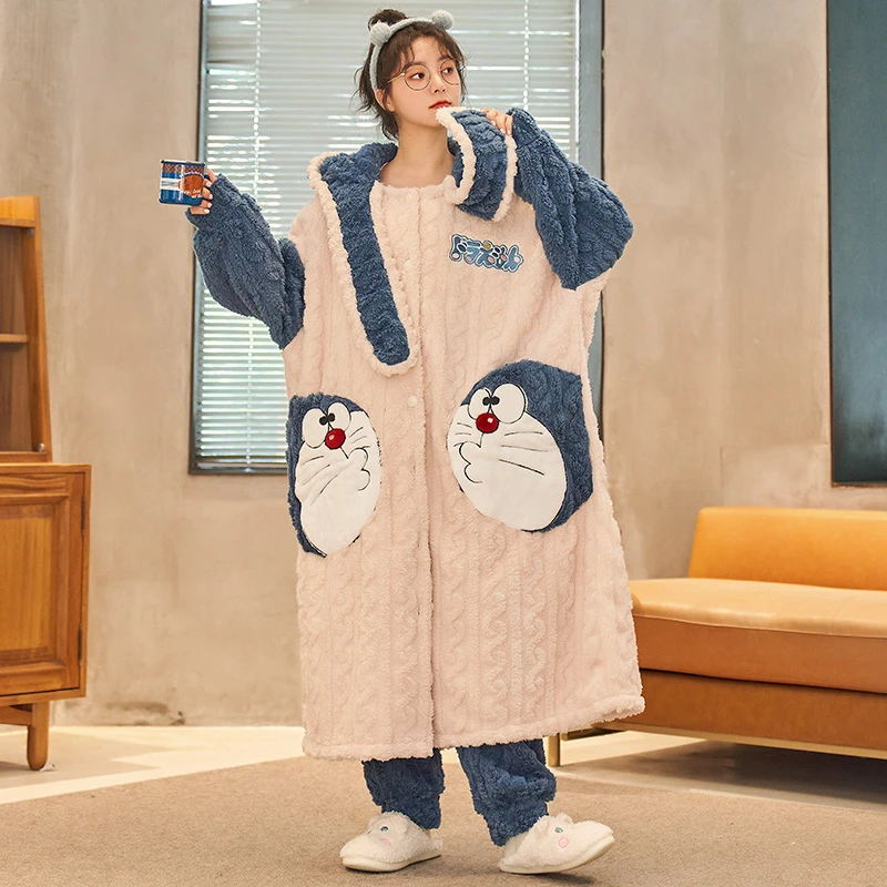 法兰绒睡袍女士秋冬季珊瑚绒睡衣女连帽加厚保暖卡通家居服 2210