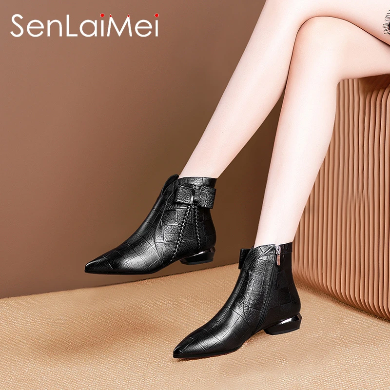 9582牛皮/34/42秋冬季新款百搭尖头低跟短靴粗跟优雅蝴蝶结单靴