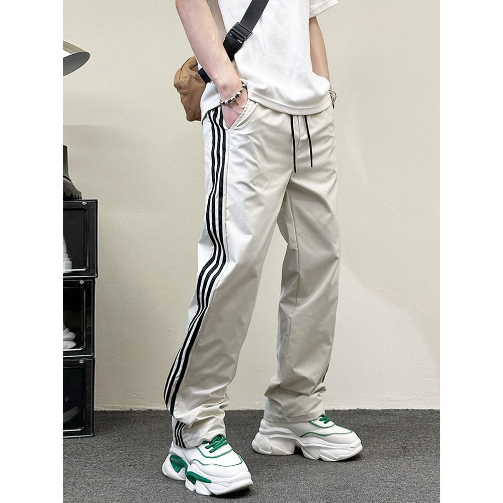 潮牌小众设计感条纹休闲裤男2025夏季速干百搭宽松显瘦直筒运动裤
