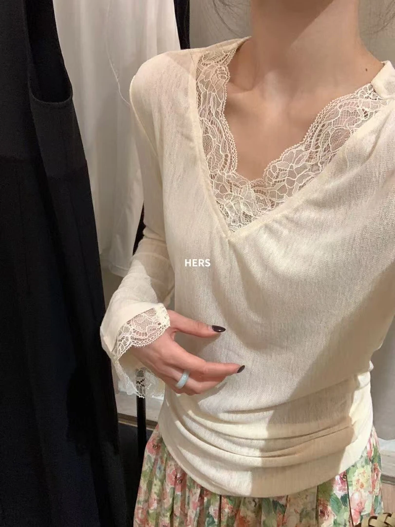 hers@20482 韩系简约气质薄款V领蕾丝拼接针织衫 6-14