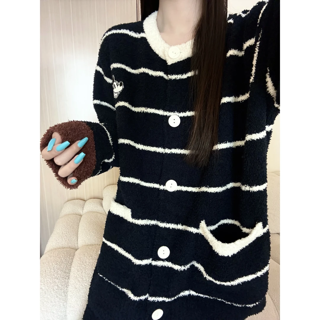 韩系可爱卡通米奇撞色条纹半边绒睡衣女冬季保暖家居服套装可外穿