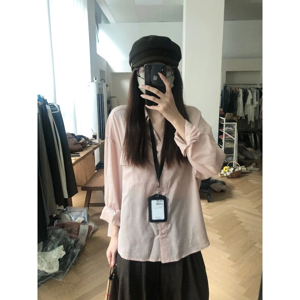 纯色衬衫女秋款宽松舒适百搭韩版上衣+松紧腰开叉半身裙两件套