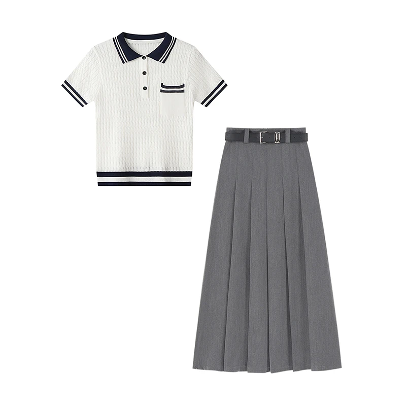 夏季穿搭一整套女新款撞色针织短袖上衣高腰百褶长裙子两件套2107