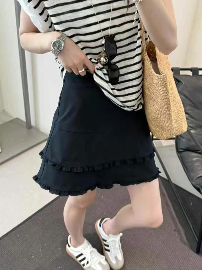 2025欧货双层木耳边A字裙夏季新款高腰显瘦防走光半身裙 68015