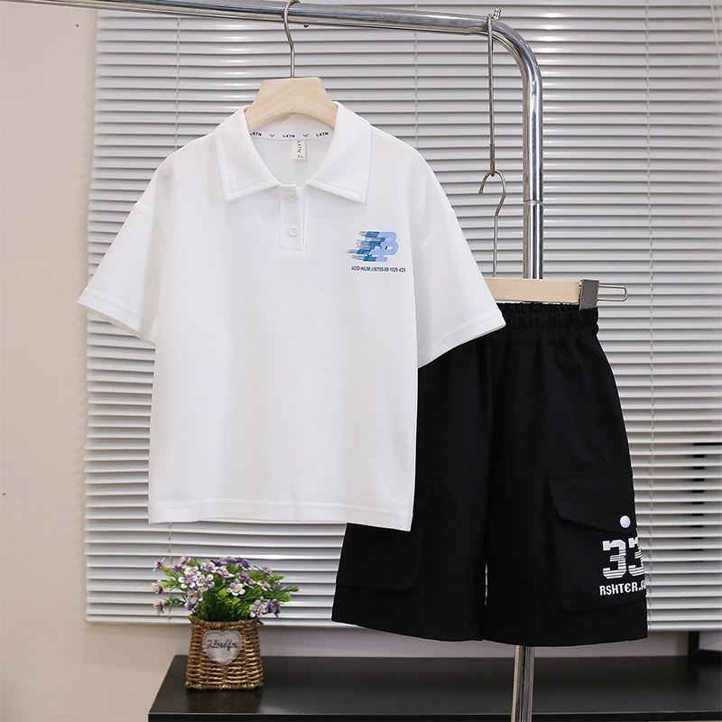 男童夏季POLO衫套装休闲印花夏季韩版套装童装宽松翻领中大童