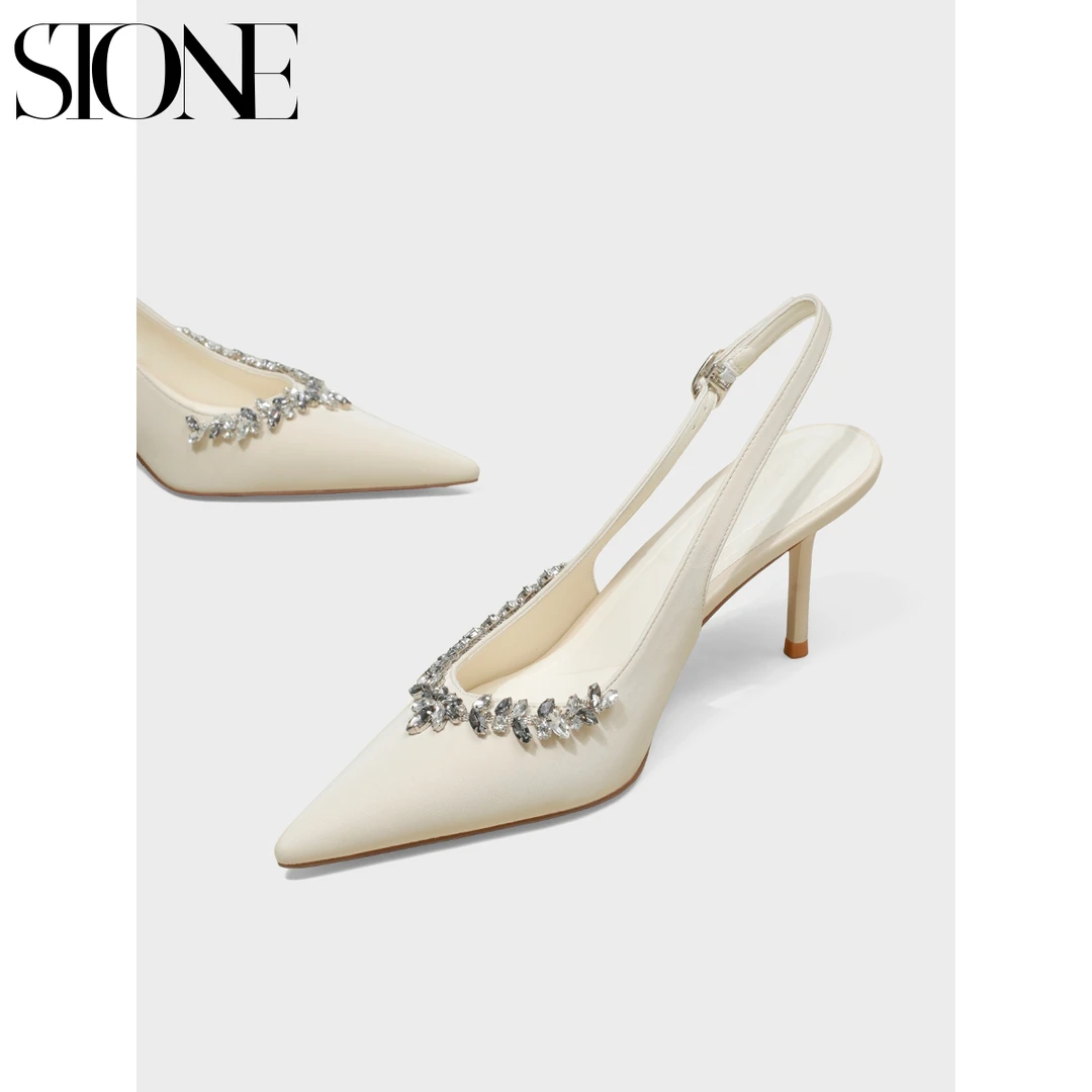 石头家法式气质水钻尖头单鞋女米白色欧若风包头凉鞋细跟高跟鞋女
