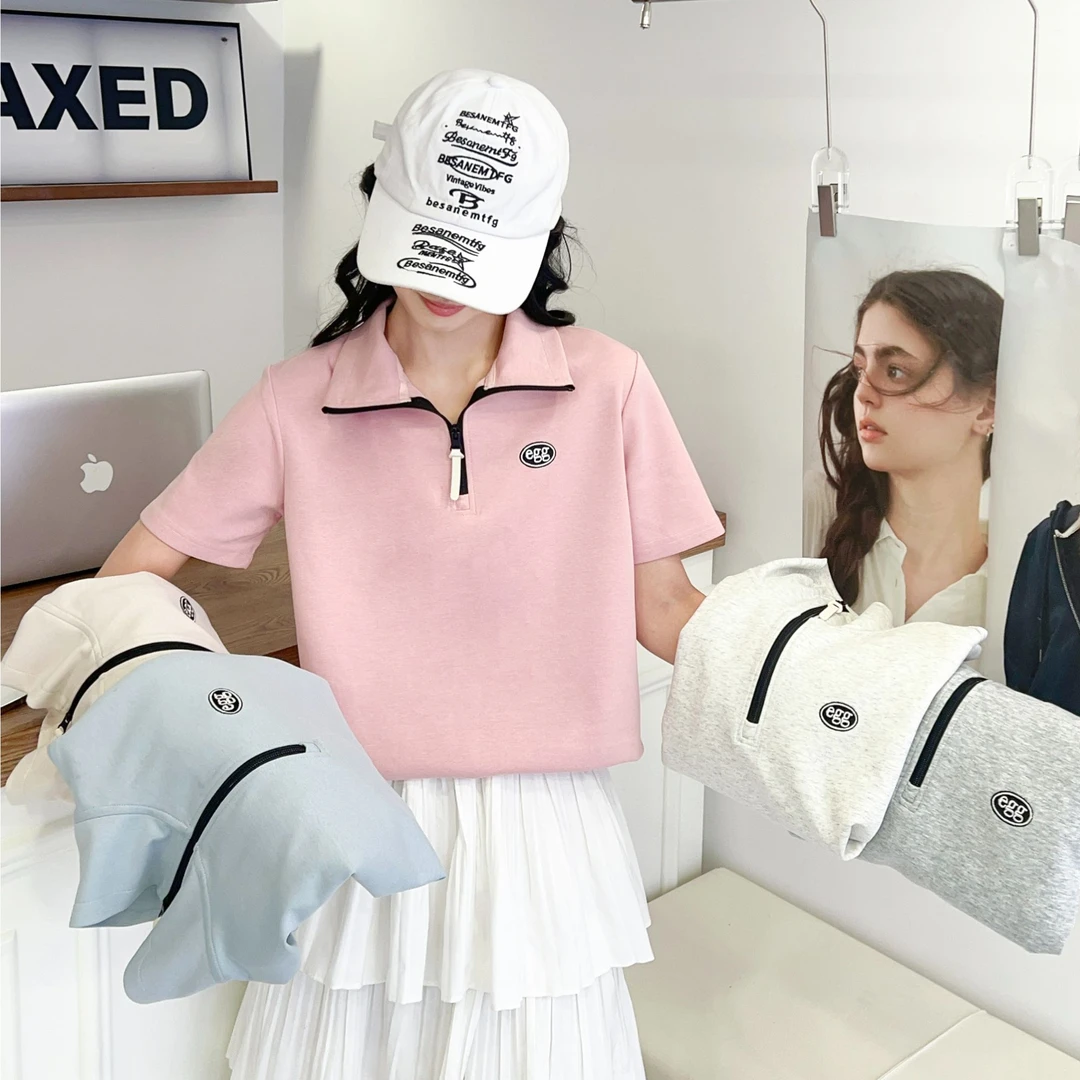 夏季新款韩版小立领拉链正肩短袖简约透气显瘦刺绣字母休闲女上衣