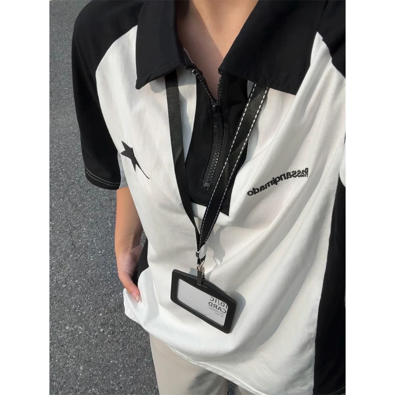 美式撞色拼接POLO衫短袖男夏季薄款休闲重磅刺绣学院风正肩T恤衫