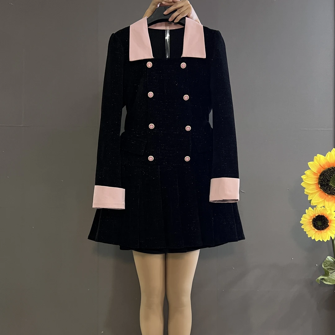 新款大码女装法式名媛风撞色拼接收腰显瘦亮闪闪百褶连衣裙