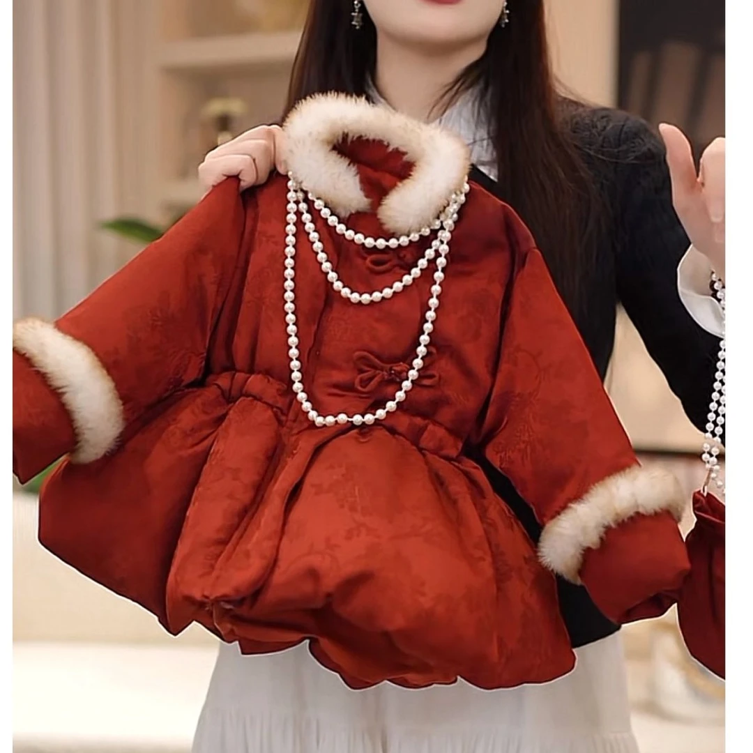 送包包女童宝宝2024儿童加绒冬装棉服拜年冬季棉袄外套加厚棉衣