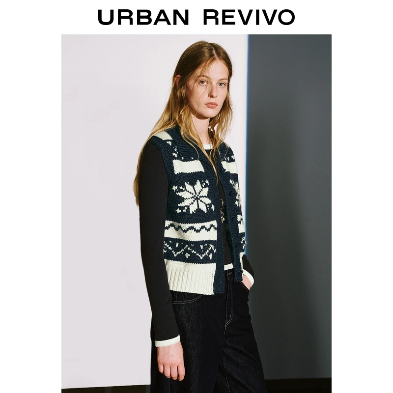 UR2025冬季新款女装休闲费尔岛短款马甲针织开衫UYL950272