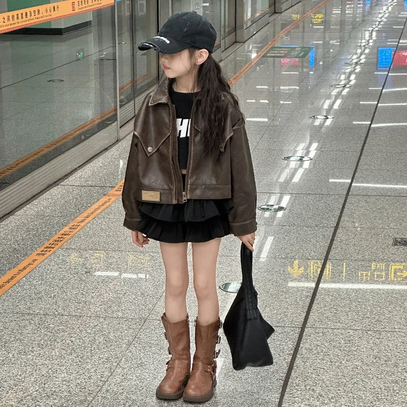 女童皮衣外套2025春装新款儿童春秋休闲皮衣大童女孩上衣夹克童装